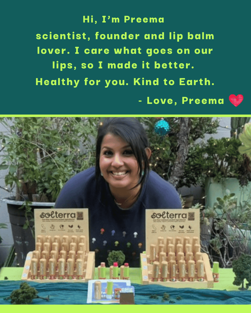 Woman with Solterra lip balm products in a garden setting