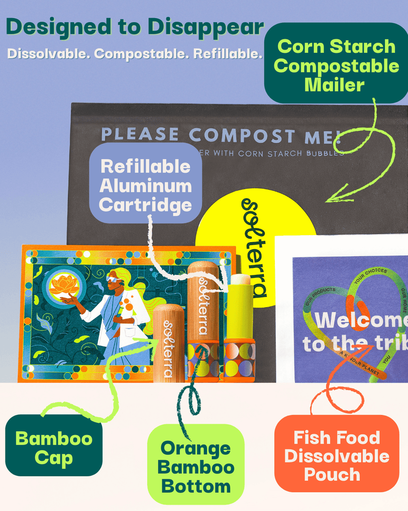 SoluTerra product packaging with compostable and dissolvable features highlighted.